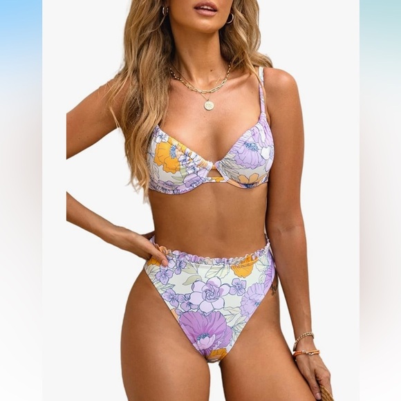NWT Cupshe size Medium Lavender Floral High Waist Bikini Set Cheeky Underwire - Picture 1 of 7